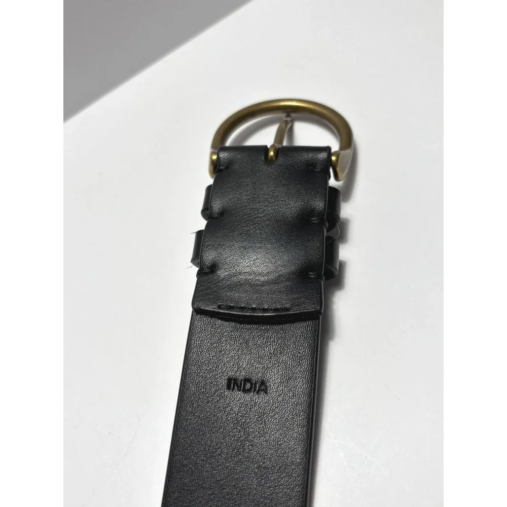 Frye and Co Belt M Black Brass Oval Buckle Studded Western Boho Casual Vegan